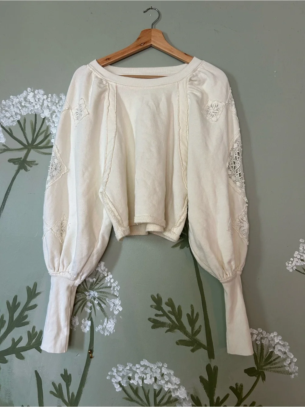 Free People Cream Long-Sleeve Lace-Inset Pullover Top